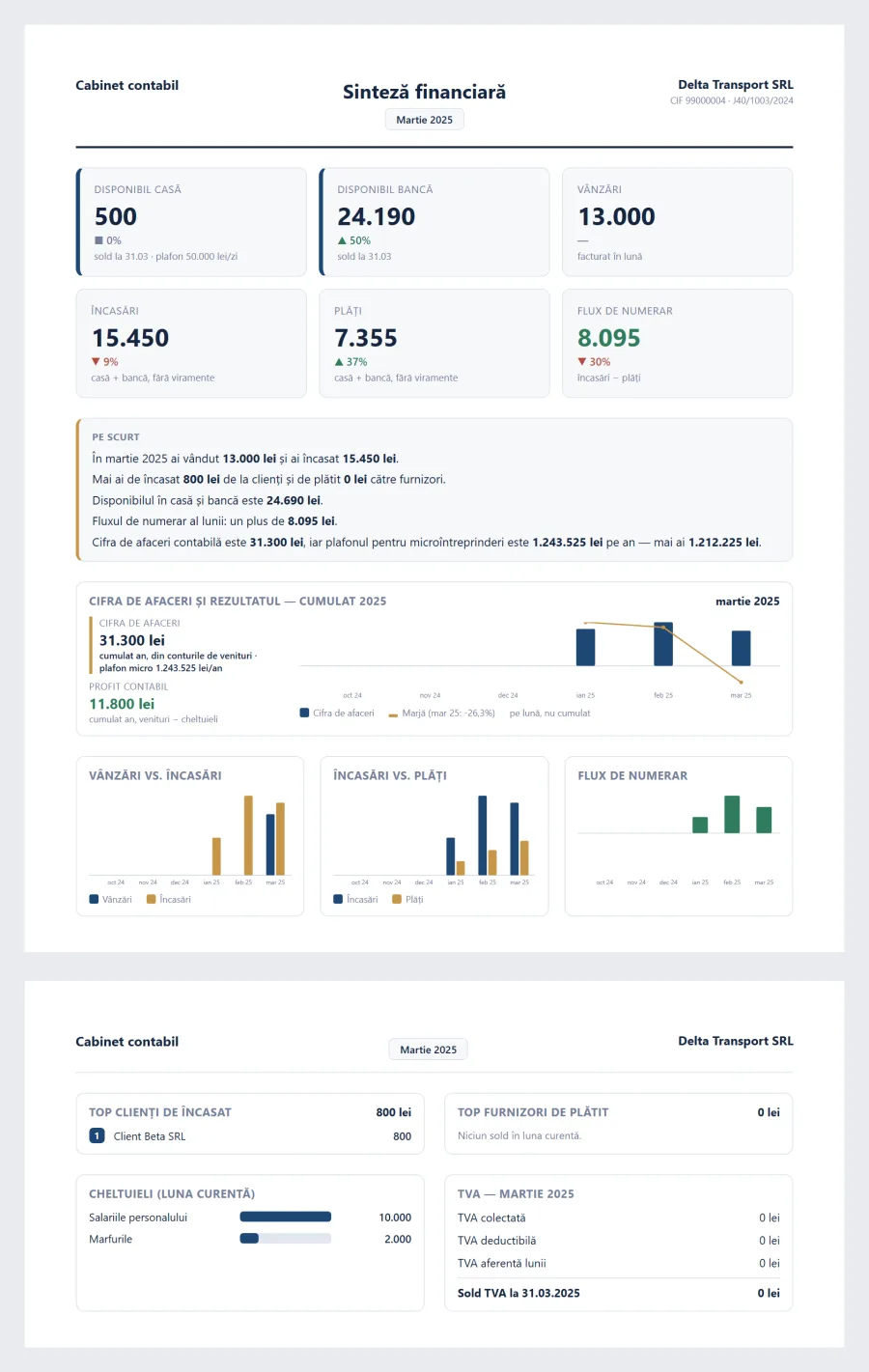 Sinteza financiară, raport pe două pagini pentru client: indicatorii lunii și graficele de evoluție, apoi clienții, furnizorii, cheltuielile și cardul de TVA